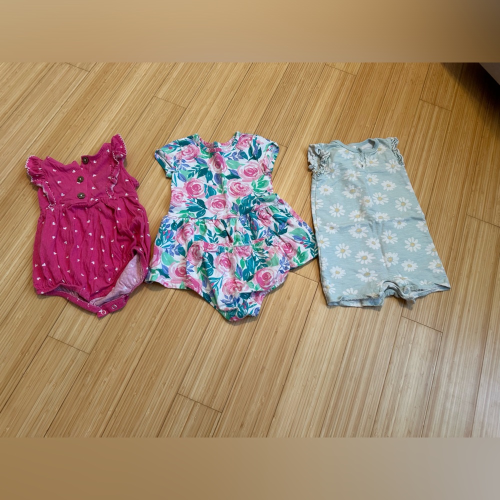 Set of 3 girls outfits. 2 rompers and 1 dress. All size 18 months